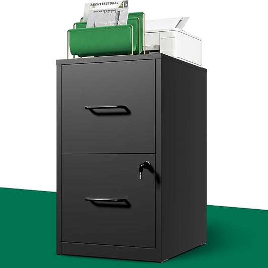 2 Drawer File Cabinet with Lock, Metal Vertical Filing Cabinet, Filing Cabinets for Home Office, Locking File Cabinet Hanging Files for A4/ Legal/Letter, Require Assembly, Black