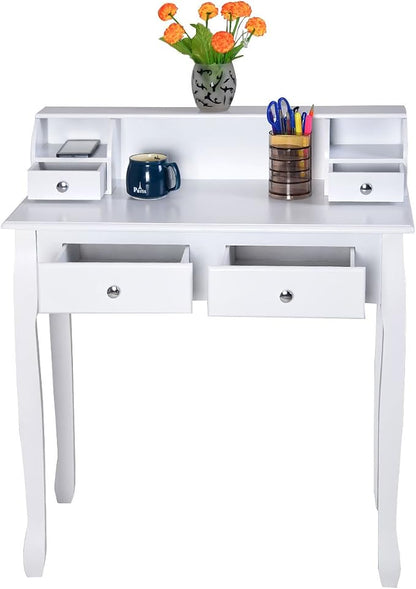 GOFLAME Writing Desk, Large Storage Space with 4 Drawers, Secretary Table Computer Desk Writing Table with Detachable Tabletop Organizer, Suit for Home and Office Use (White)