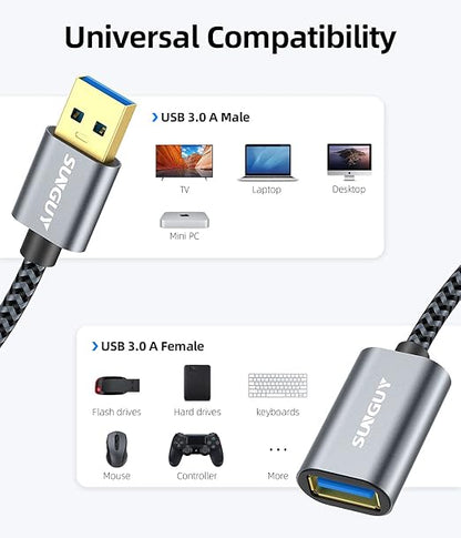 SUNGUY 5Gbps USB 3.0 Extension Cable, [2P 1FT] USB A Male to Female Extender Cord, Braided High Data Transfer Compatible with Xbox, Hard Drive, Webcam, USB Keyboard, Mouse, Flash Drive, Oculus VR