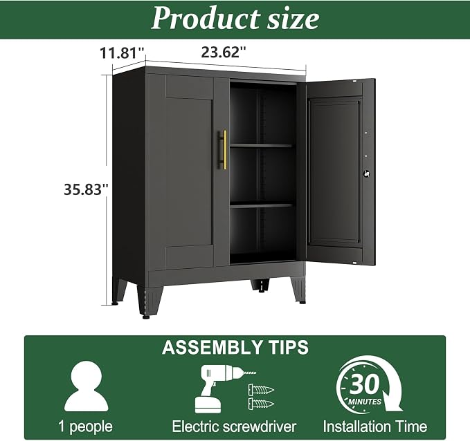 Black Metal Storage Cabinet, 36" Tall Locking Storage Cabinet with 2 Adjustable Shelves, Steel Locker Organizer, for Office, Home, School, 11.81" D x 23.62" W x 35.83" H