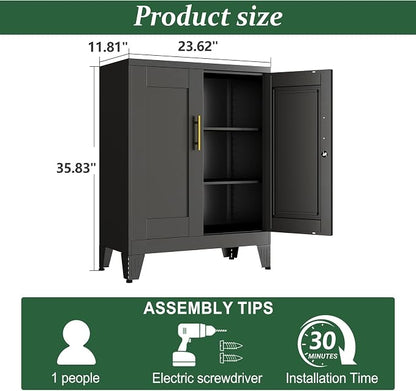 Black Metal Storage Cabinet, 36" Tall Locking Storage Cabinet with 2 Adjustable Shelves, Steel Locker Organizer, for Office, Home, School, 11.81" D x 23.62" W x 35.83" H