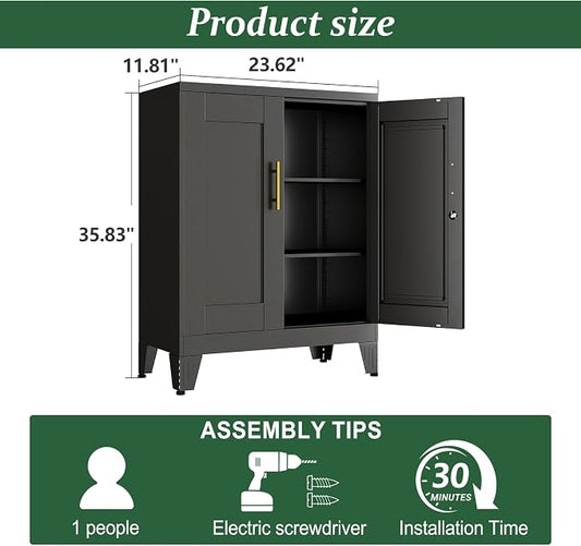 Black Metal Storage Cabinet, 36" Tall Locking Storage Cabinet with 2 Adjustable Shelves, Steel Locker Organizer, for Office, Home, School, 11.81" D x 23.62" W x 35.83" H, 2PS