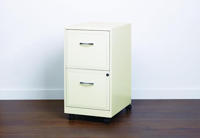 Space Solutions - 2 Drawer Fully Assembled Vertical Steel File Cabinet, Home & Small Office Use, Fits Under Most Desks, Letter-Size, Lock, Mobile, Pearl White