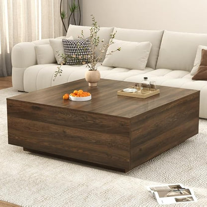 43 Inch Large Square Coffee Table with Storage,Modern Wooden Coffee Tables with 2 Drawers Storage for Living Room,Mid Century Tea Table/Aesthetic Coffee Table Center Table for Home Office(Walnut)