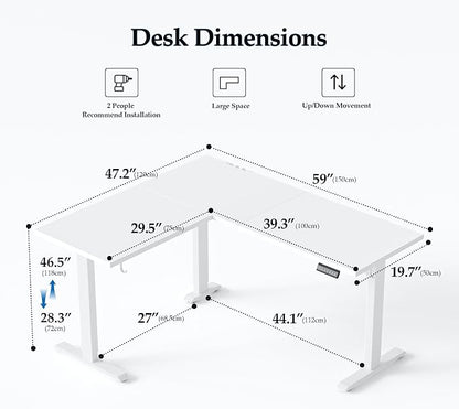 Klicelor L Shaped Standing Desk 59 x 48 Inch, Electric Height Adjustable Corner Desk for Home Office Workstation, Ergonomic Sit Stand Computer Table with Memory Controller, White