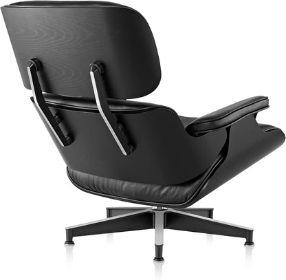 Mid Century Chaise Lounge Chair with Ottoman Genuine Leather High-Resilience Foam Cushions Modern Ergonomic Design for Living Room Study Lounge Office Black Ash Wood and Black Lather