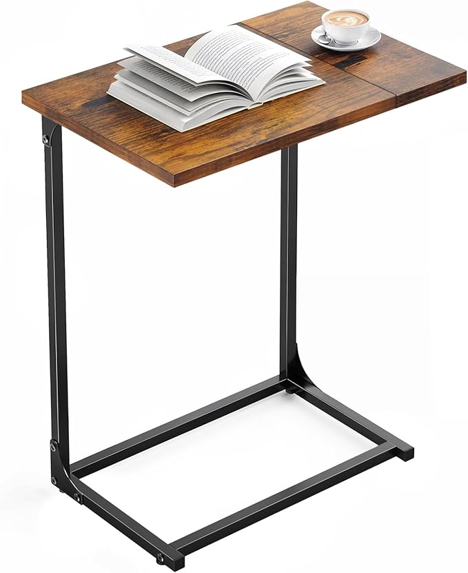 Pipishell C-Shaped Side Table, C Table for Sofa with Two-Piece Desktop & Metal Frame, Large Surface End Table for Living Room, Bedroom, Beside, and Home Office, Rustic Design