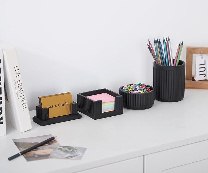 Set of 4 - Concrete Desk Accessories For Modern, Industrial, Minimalist Office Decor- Aesthetic Desk Organizers Accessories For Women or Men- Pen, Business Card Holder & Sticky Note, Paper Clip Holder