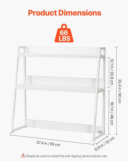 VEVOR Desktop Bookshelf, 2-Tier Desktop Storage Organizer, 37.4" x 12.6" x 35.4" Office Desk Storage Rack Display Shelf, Desktop Bookshelf Hutch with Anti-Slip Feet Pads for Office, Home & Dorm, White