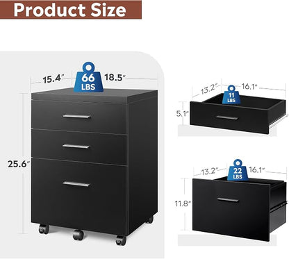 DEVAISE 3 Drawer File Cabinet for Home Office, Wood Under Desk Filing Cabinet, Rolling Printer Stand with Wheels, Black