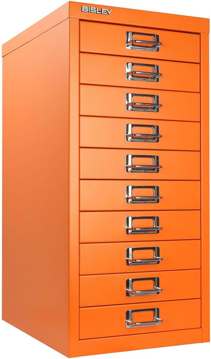 10-Drawer Steel MultiDrawer Cabinet - Orange, by Bisley | Chrome Pull Handles with Label Holders, Powder-Coated Steel, Removable Drawers, Fits Under Most Desks, Labels Included