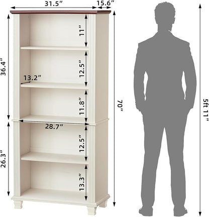 SAVOR LIFE 70" Tall White Bookshelf,5 Tier Wood Book Shelf with Adjustable Shelves & Wood Legs,Free Standing Farmhouse Bookcase with Open Display Storage,Vintage Kids Bookshelves for Nursery,Bedroom