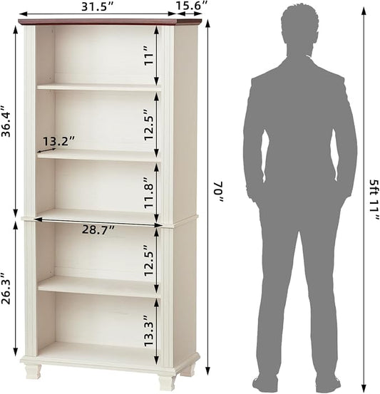 SAVOR LIFE 70" Tall White Bookshelf,5 Tier Wood Book Shelf with Adjustable Shelves & Wood Legs,Free Standing Farmhouse Bookcase with Open Display Storage,Vintage Kids Bookshelves for Nursery,Bedroom