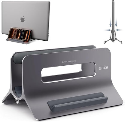 SODI Vertical Laptop Stand for Desk, Gravity Auto Lock MacBook Stand, Aluminum Laptop Holder Vertical Compatible with MacBook Pro, Air, Tablet, Space-Saving Organize Work & Home Office, Gray