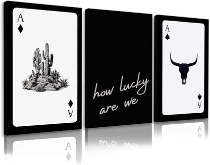 Western Wall Decor Living Room,Southwestern Cowboy How Lucky Are We Wall Art,Longhorn Bull Skull and Playing Card Canvas Painting Pictures for Bedroom Bathroom Office,12x16in,Framed