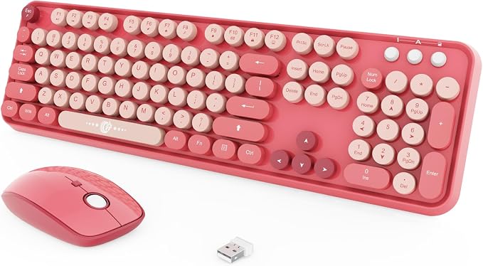 Wireless Keyboard and Mouse Combo - Cute Colorful Keyboard and Mouse, Retro Typewriter Keyboard with 2.4GHz Plug & Play, for Windows 11/10/7, Laptop, PC (Hot Pink)