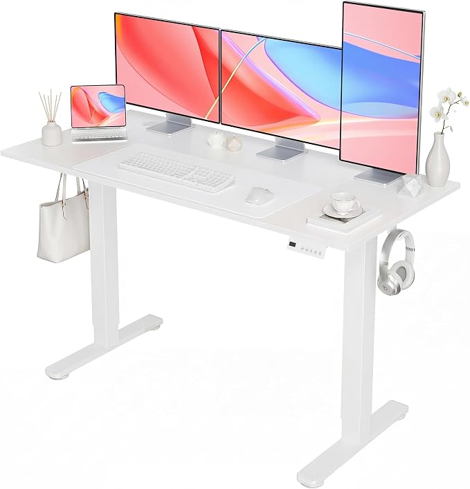 YDN Electric Standing Desk Adjustable Height, 55 x 24 Inches Sit Stand up Desk with Memory Presets & Cable Management, Home Office Desk for Office & Computer Workstation, White Frame/White Top