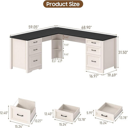 Vabches Wood L Shaped Executive Desk with 6 Drawers, Farmhouse Home Office Desk with Power Outlets and Triangle Under-Desk Storage Shelf & Drawer File Cabinet, Corner Computer Desk, Black