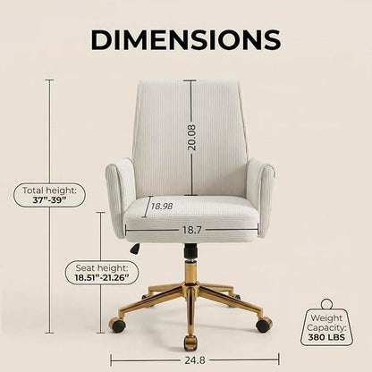 YITAI Stripes Velvet 360°Swivel Desk Chair, Modern Height Adjustable Home Office Armchair with Gold Base and Wheels for Vanity, Comfy Computer Chair for Study Living Room Bedroom（Beige）