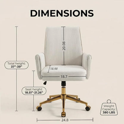 Striped Velvet Office Chair, 360° Swivel Ergonomic Task Chair with High Back, Gold Base and Wheels, Height Adjustable Modern Accent Chair for Home Office, Living Room, Study, Vanity Room (Cream)