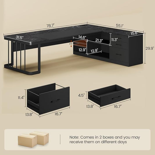 UPOSOJA 78.7" Executive Desk, Large Office Desk with Drawers & Storage Shelves, Modern L Shaped Computer Desk Corner Desk with Power Outlets, File Cabinet, Business Furniture Desk Workstation (Black)