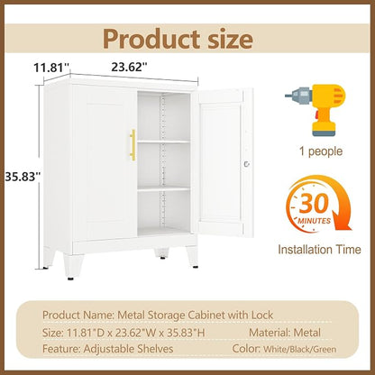 GAIOUS 36" White Floor Storage Cabinet, Locked Metal Storage Cabinets with 2 Doors and 2 Adjustable Shelves, Sideboard Buffet Cabient, Freestanding Cabinet for Home/Office/Garage/Tool Room/Bathroom