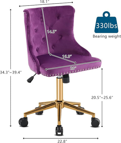 VINGLI Dark Purple Armless Home Office Desk Chair with Gold Base/Wheels, Small Cute Vanity/Makeup Chair with Back for Bedroom, Upholstered Adjustable Rolling Swivel Nail Chair for Women/Girls