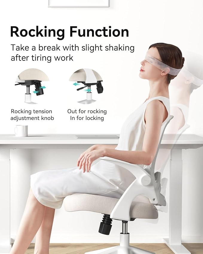 Hbada Office Desk Chair with Flip-Up Armrests and Saddle Cushion, Ergonomic Office Chair with S-Shaped Backrest, Swivel, Mesh, Grey