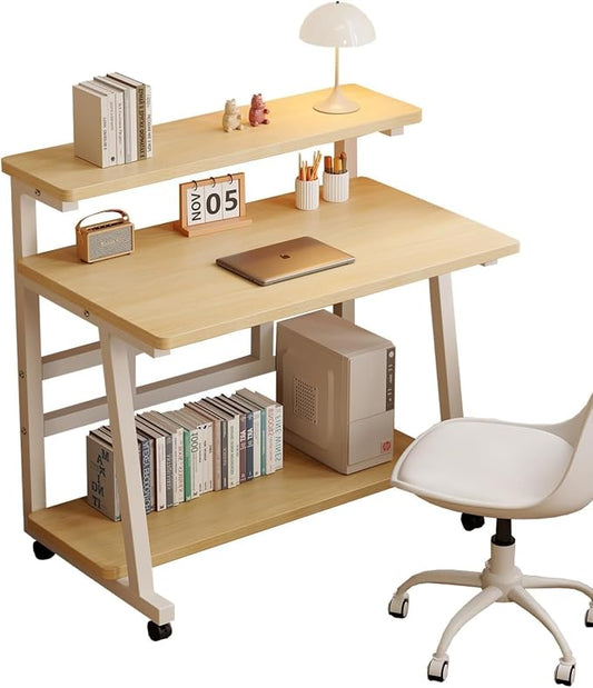 47.2 Inch Rolling Computer Desk for Small Spaces, Monitor Stand & 3-Tier Storage with Lockable Wheels, Easy Assembly for Bedroom, Dorm & Apartment