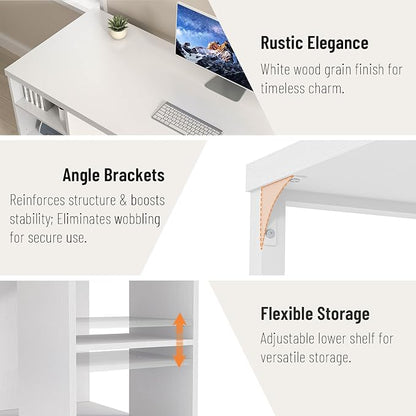 EXCEFUR White Computer Desk with Storage Shelves, Modern Home Office Desk, Reversible Wood and Metal Writing Study Table Workstations for Living Room Bedroom, 53 Inch