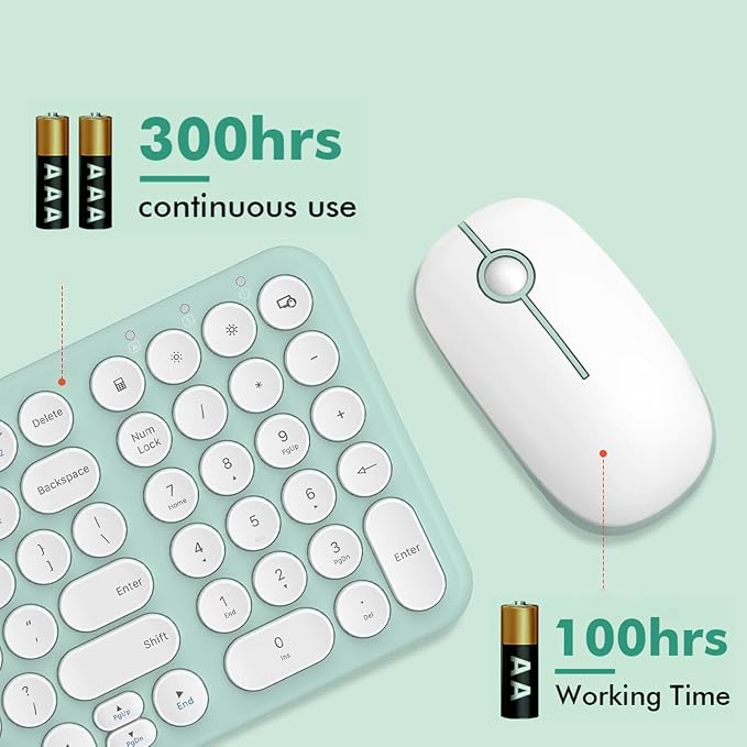 Wireless Keyboard and Mouse Combo,XTREMTEC 2.4GHz Quiet Slim Cute Round Keycap Compact Size Green Kawaii Cordless Retro Keyboard Mouse Set Home Office Accessories for Mac/Windows(Macaron Green)