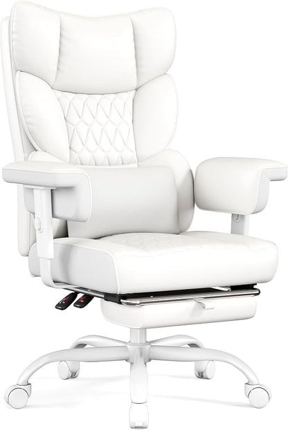 Misolant Big and Tall Office Chair with Footrest, High Back Executive Desk Chair with Adjustable Lift Armrest, 155°Recline，Lumbar Support Pillow, Faux Leather Gaming Chairs for Home All White