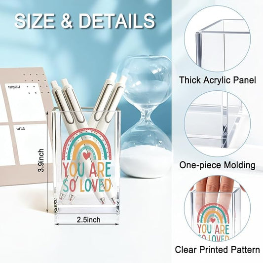 You Are So Love Acrylic Cosmetic Holder, Rainbow Heart Inspirational Quotes Desk Organizer for Home Office Library Classroom Desk, Pen Holder Gifts For Women Men Friends Daughter Son