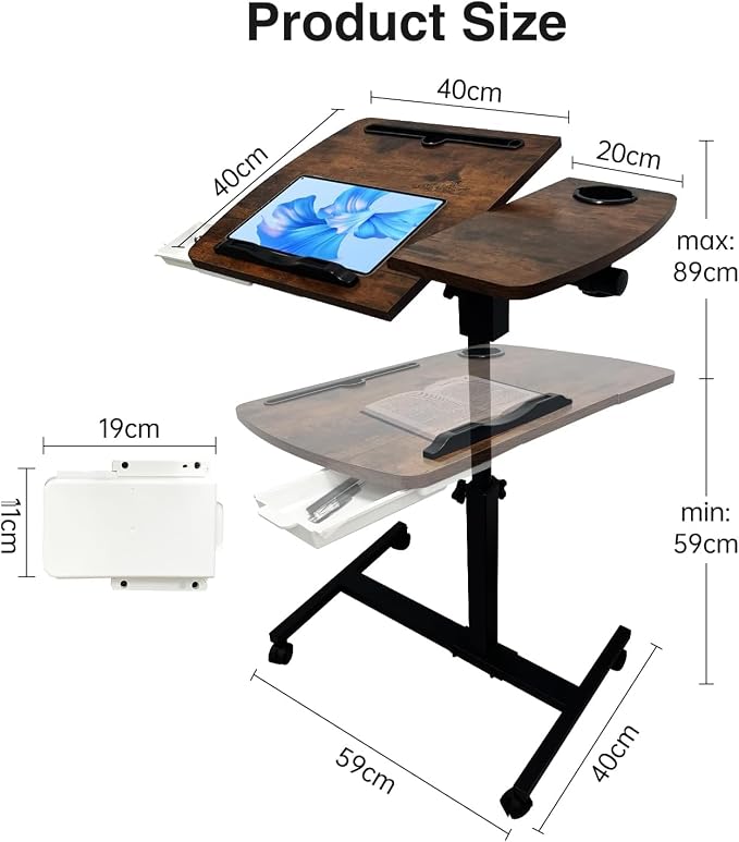 Medical Adjustable Overbed Bedside Table with 2 Tilting Desktops Teacher Podium Laptop Computer Cart Mobile Laptop Desk with Cup Holde,Drawer,Wheels for Office, Home and Classroom (Brown)