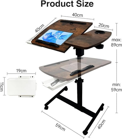 Medical Adjustable Overbed Bedside Table with 2 Tilting Desktops Teacher Podium Laptop Computer Cart Mobile Laptop Desk with Cup Holde,Drawer,Wheels for Office, Home and Classroom (Brown)