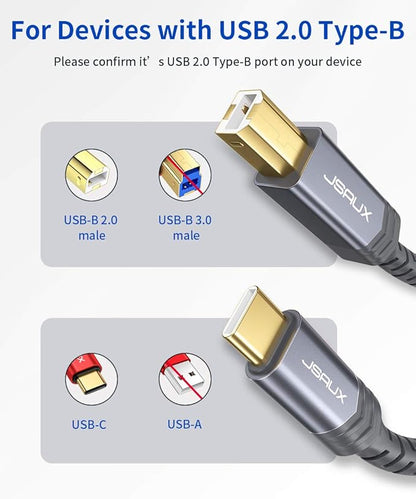 JSAUX USB B to USB C Printer Cable 10ft, USB C to USB B Printer Cable Nylon Braided, USB C MIDI Cable Compatible with MacBook Pro, HP, Epson, Canon, Brother, Lexmark, Xerox Printers and Scanners-Gray