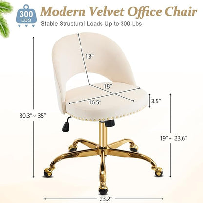 VINGLI Modern Velvet Small Office Chair,Cute Desk Chair with Wheels,Gold Base/Studs, Comfy Armless Swivel Vanity Task Chair for Women/Girl/Kids, Nail Tech Chair for Bedroom,Small Space,Beige