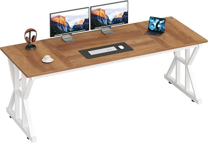 TVU Computer Desk, 63 inch Large Office Desk, Study Writing Table with Thicken Frame, Gaming Desk, Modern Simple Desk for Home Office, Brown