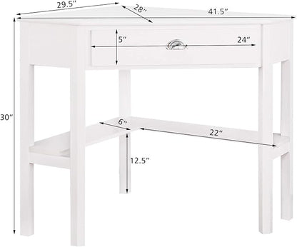 GOFLAME Computer Corner Desk, Wood Compact Home Office Writing Workstation with Drawer and Shelves, Laptop PC Corner Table for Small Space Home Office, White