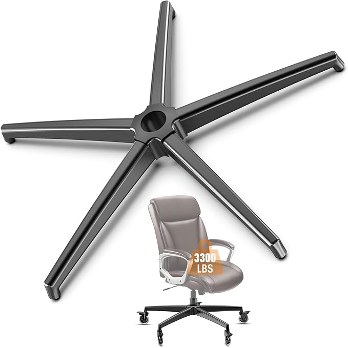 Office Chair Base Replacement (3300 lbs) - Heavy Duty Alloy Office Chair Base Replacement, Reinforced Metal Legs, Universal Cylinder and Caster Sockets (Black)