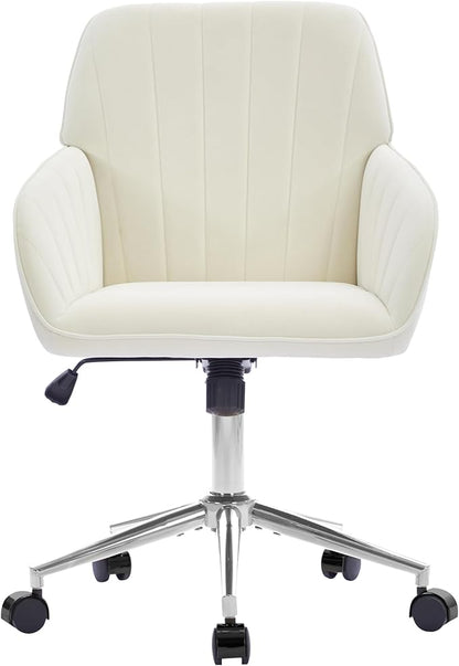 YITAI Velvet Office Desk Chair with Wheels and Silver Base,Modern Height Adjustable 360 Degree Swivel Upholstered Vanity Chairs with Arms for Living Room Bedroom, Study,White