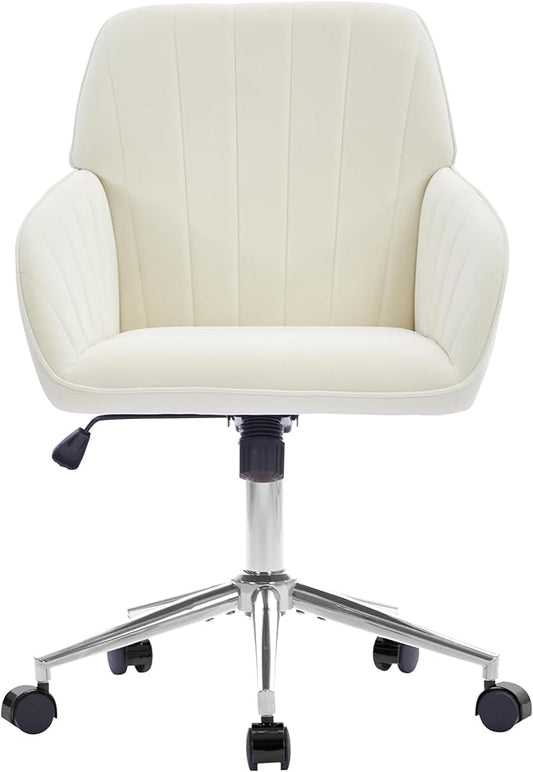 YITAI Velvet Office Desk Chair with Wheels and Silver Base,Modern Height Adjustable 360 Degree Swivel Upholstered Vanity Chairs with Arms for Living Room Bedroom, Study,White