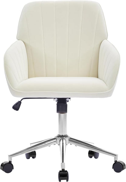 Velvet Home Office Desk Chair, Modern Cute Computer Task Chair with Back, Height Adjustable Upholstered Vanity Chair with Swivel Wheels for Women, Girls (Silver Base, Cream