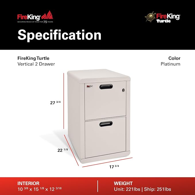FireKing Turtle Contour - 2 Drawer Fire Safe File Cabinet with Key Lock - 1 Hour Fire Rated, UL Rated & Water Resistant Home Safe - Made in the USA Legal & Letter Filing Cabinet - Platinum
