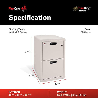FireKing Turtle Contour - 2 Drawer Fire Safe File Cabinet with Key Lock - 1 Hour Fire Rated, UL Rated & Water Resistant Home Safe - Made in the USA Legal & Letter Filing Cabinet - Platinum