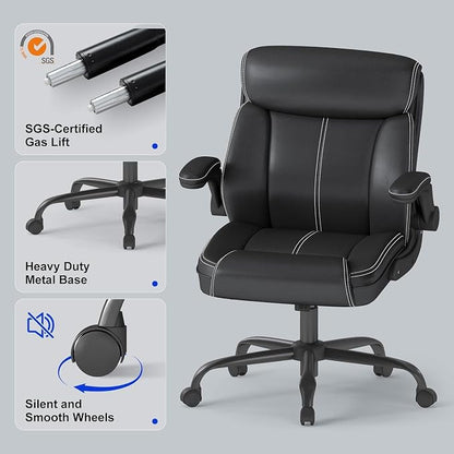 AnyGod 1Pcs Office Chair for Men Women Home Office Pu Leather 360 Swivel Rocking Function Ergonomic Chair with Flip-Up Arms Lumbar Support Rolling Wheels Adjustable Height -Black Size