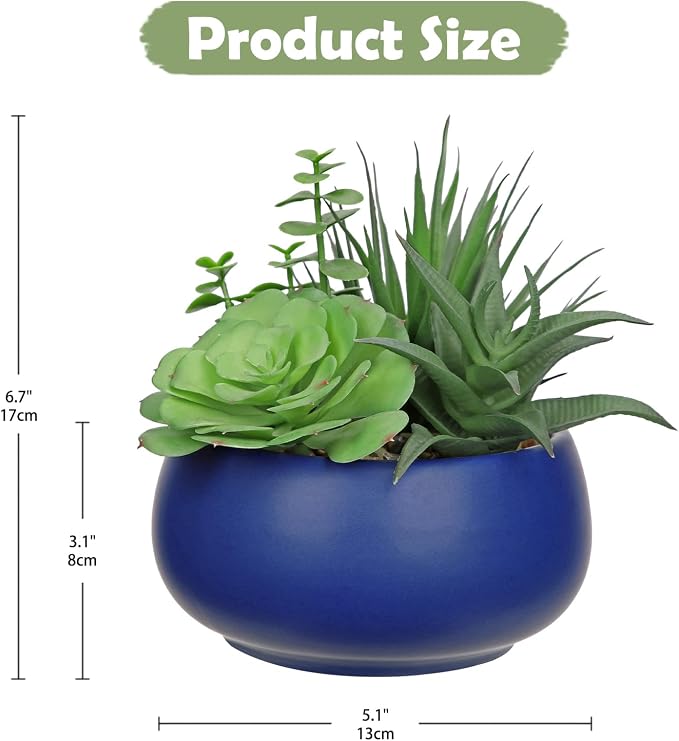 Fake Plants Artificial Succulents in Pots Faux Succulent Arrangement Potted Plant with Blue Ceramic Pot for Home Decor Modern Office Desk Bathroom Shelf Living Room Indoor & Outdoor Decoration