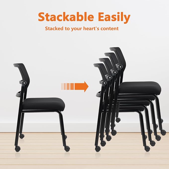 CLATINA Stacking Armless Office Waiting Room Chair with Wheels, Stackable Mesh Guest Reception Desk Chairs with Adjustable Backrest for Conference Lobby Side School, Black, 2 Pack