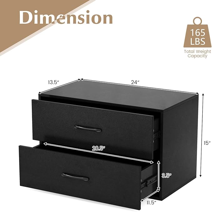 2 Drawer Lateral File Cabinet, Stackable Home Office Drawers, Under Desk Printer Stand, Low Storage Organizer, Horizontal Wooden Filing Cabinet for Study Living Room, No Wheels (2, Black)
