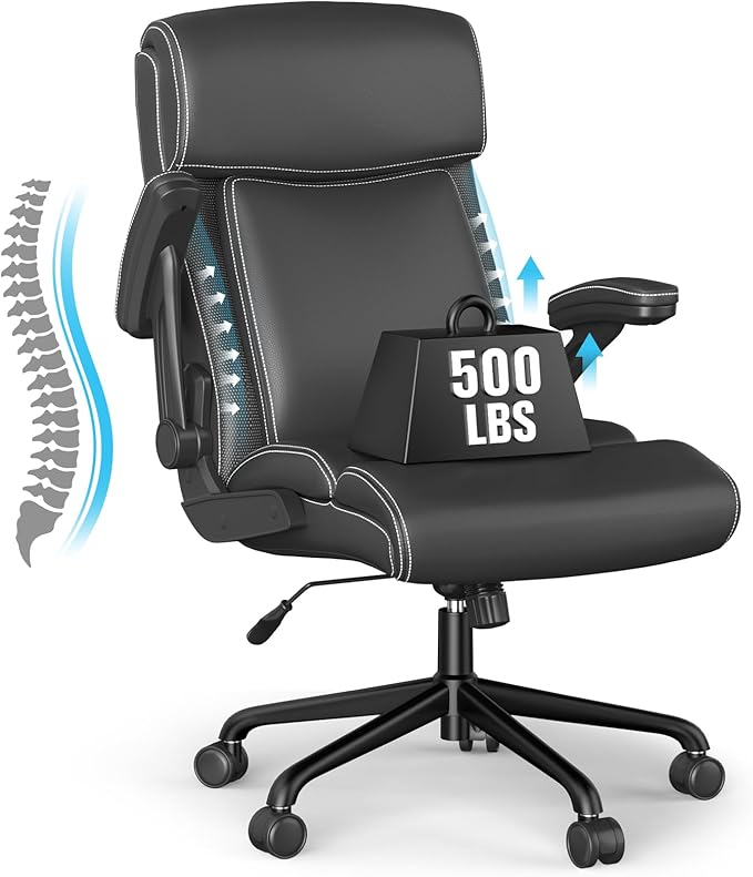 ralex-chair Big and Tall Office Chair, 500lbs for Heavy People, High Back Leather Executive Desk Chair with Flip-up Armrests and Adjustable Height (Black)